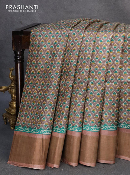 Pure tussar silk saree multi colour and pastel brown with allover floral prints and zari woven border - {{ collection.title }} by Prashanti Sarees