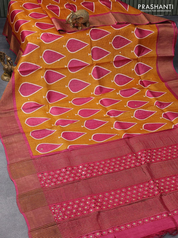 Pure tussar silk saree mustard yellow and dark magenta pink with tilak butta prints & mirror work and cut work pallu - {{ collection.title }} by Prashanti Sarees