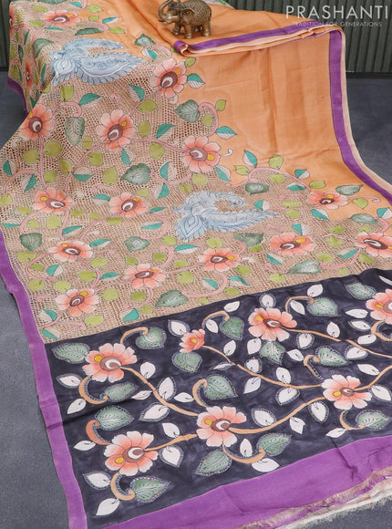 Pure tussar silk saree pale orange and violet with allover kalamkari prints and cut work - {{ collection.title }} by Prashanti Sarees