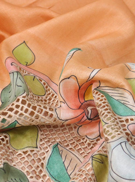 Pure tussar silk saree pale orange and violet with allover kalamkari prints and cut work - {{ collection.title }} by Prashanti Sarees