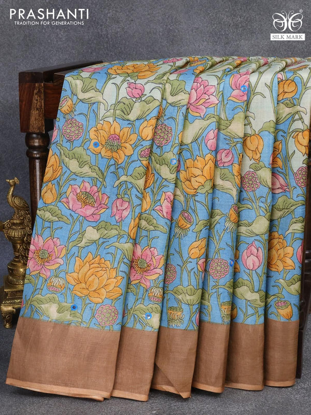 Pure tussar silk saree pastel blue and pastel brown with allover floral prints and cut work pallu - {{ collection.title }} by Prashanti Sarees