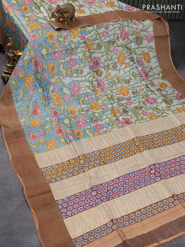 Pure tussar silk saree pastel blue and pastel brown with allover floral prints and cut work pallu - {{ collection.title }} by Prashanti Sarees