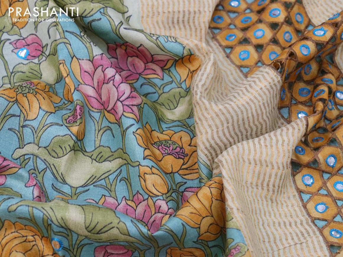 Pure tussar silk saree pastel blue and pastel brown with allover floral prints and cut work pallu - {{ collection.title }} by Prashanti Sarees