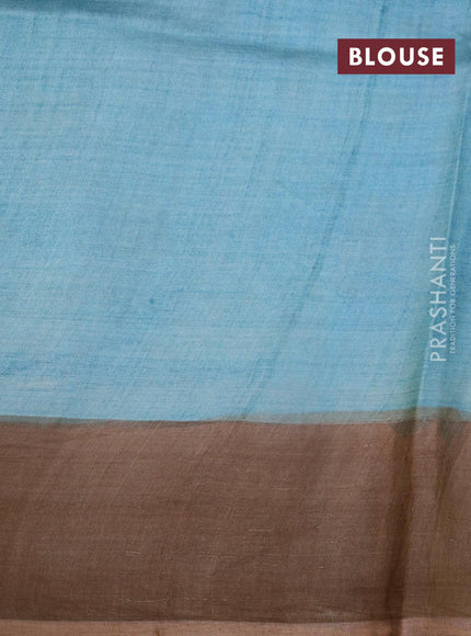 Pure tussar silk saree pastel blue and pastel brown with allover floral prints and cut work pallu - {{ collection.title }} by Prashanti Sarees