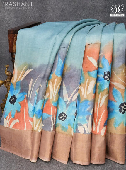 Pure tussar silk saree pastel blue shade and brown shade with hand painted floral prints and zari woven border - {{ collection.title }} by Prashanti Sarees