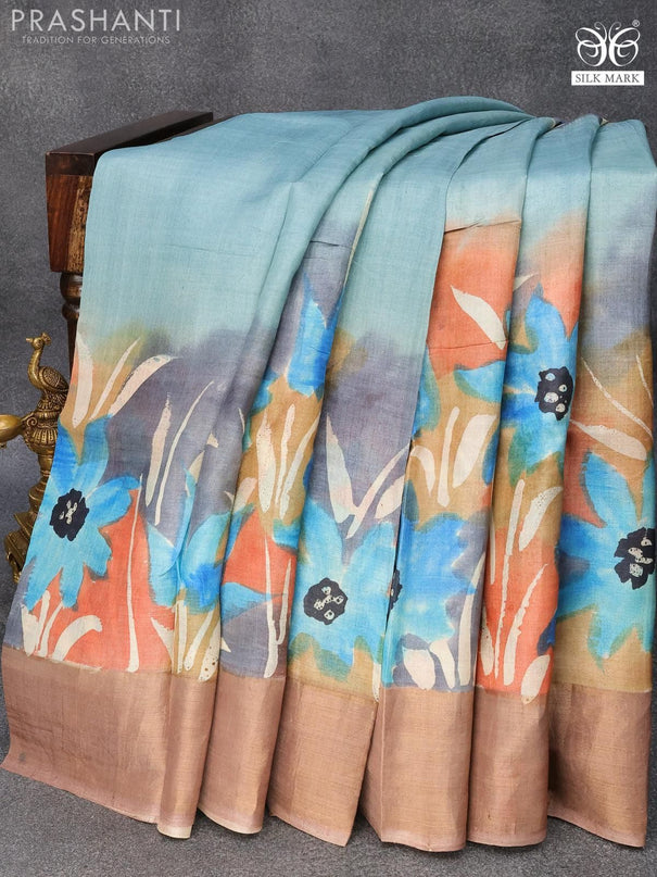 Pure tussar silk saree pastel blue shade and brown shade with hand painted floral prints and zari woven border - {{ collection.title }} by Prashanti Sarees