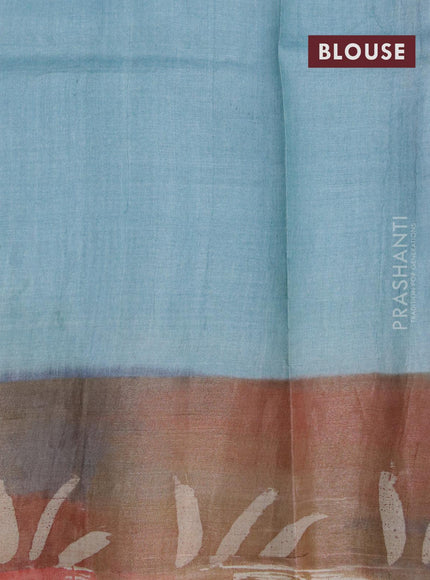 Pure tussar silk saree pastel blue shade and brown shade with hand painted floral prints and zari woven border - {{ collection.title }} by Prashanti Sarees