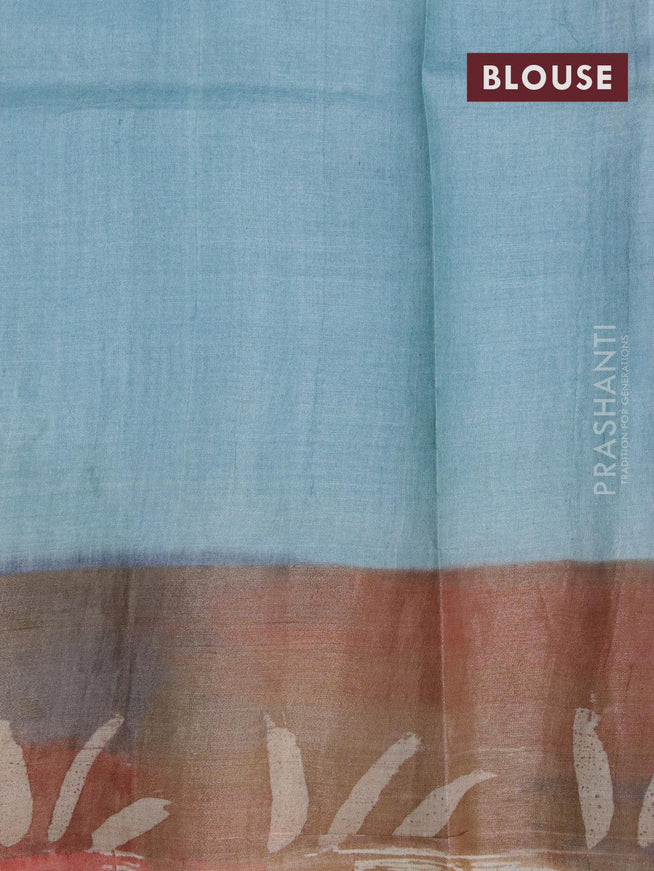 Pure tussar silk saree pastel blue shade and brown shade with hand painted floral prints and zari woven border - {{ collection.title }} by Prashanti Sarees