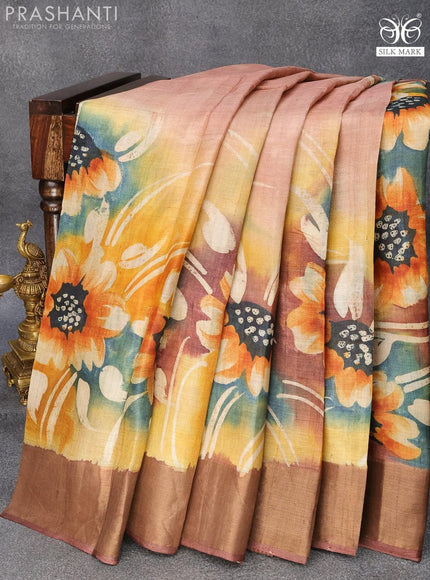 Pure tussar silk saree pastel brown and brown with hand painted floral prints and zari woven border - {{ collection.title }} by Prashanti Sarees