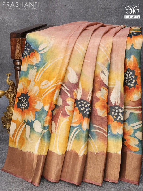 Pure tussar silk saree pastel brown and brown with hand painted floral prints and zari woven border - {{ collection.title }} by Prashanti Sarees