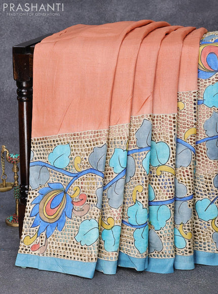 Pure tussar silk saree peach orange and blue with allover kalamkari prints and cut work - {{ collection.title }} by Prashanti Sarees