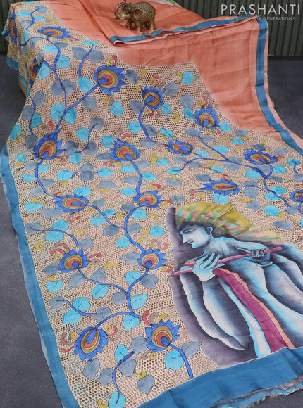 Pure tussar silk saree peach orange and blue with allover kalamkari prints and cut work - {{ collection.title }} by Prashanti Sarees