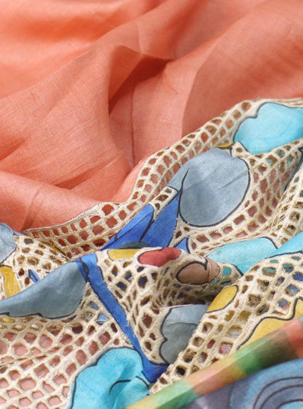 Pure tussar silk saree peach orange and blue with allover kalamkari prints and cut work - {{ collection.title }} by Prashanti Sarees