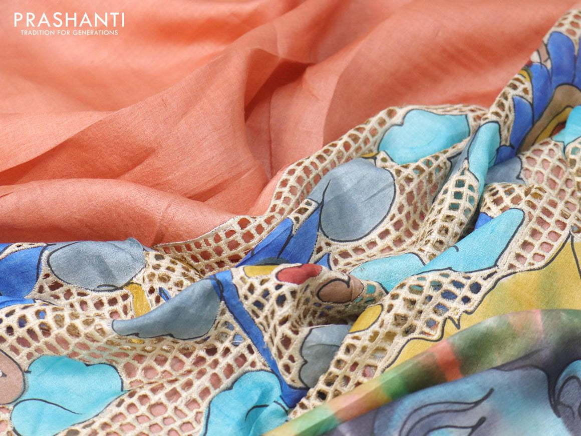 Pure tussar silk saree peach orange and blue with allover kalamkari prints and cut work - {{ collection.title }} by Prashanti Sarees