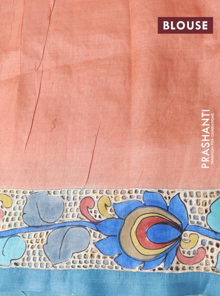 Pure tussar silk saree peach orange and blue with allover kalamkari prints and cut work - {{ collection.title }} by Prashanti Sarees