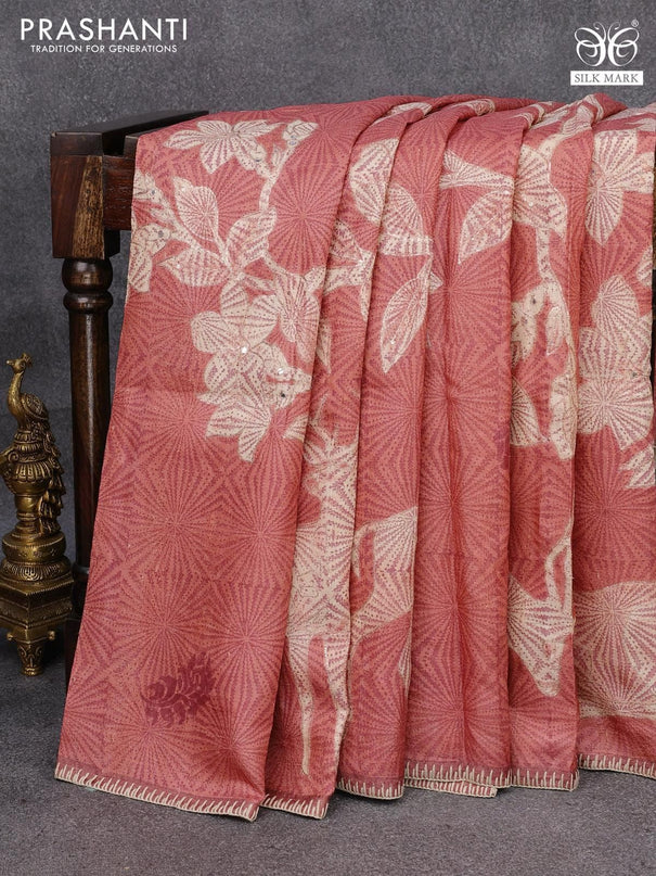 Pure tussar silk saree peach orange with allover prints & embroidery work and simple border - {{ collection.title }} by Prashanti Sarees