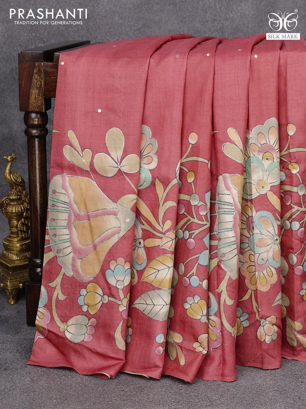 Pure tussar silk saree peach shade with allover mirror work & kalamkari prints in borderless style - {{ collection.title }} by Prashanti Sarees