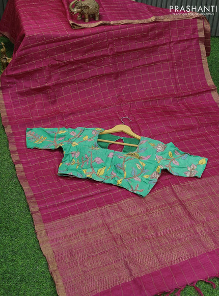 Pure tussar silk saree pink and teal green with allover zari checked pattern and zari woven border and kalamkari prints embroidery work blouse - {{ collection.title }} by Prashanti Sarees