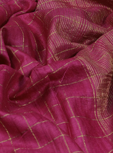 Pure tussar silk saree pink and teal green with allover zari checked pattern and zari woven border and kalamkari prints embroidery work blouse - {{ collection.title }} by Prashanti Sarees