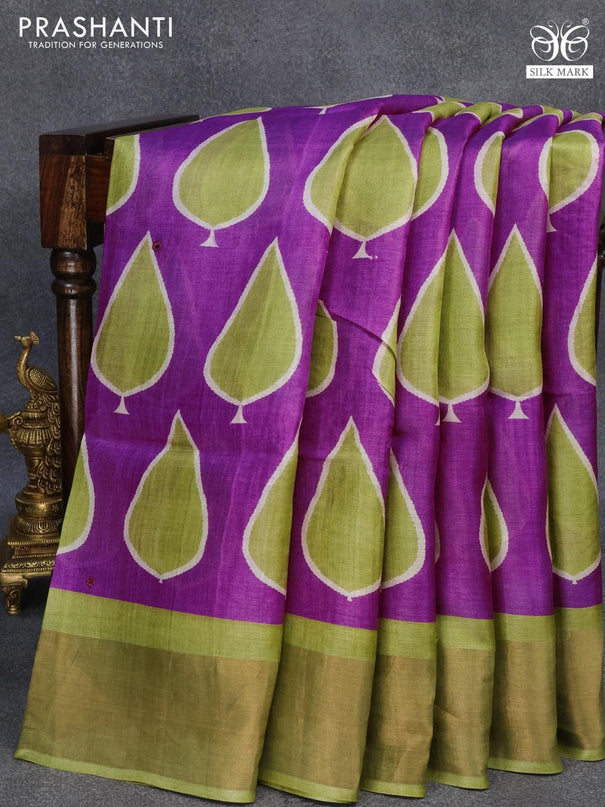 Pure tussar silk saree purple and light green with tilak butta prints & mirror work and cut work pallu - {{ collection.title }} by Prashanti Sarees