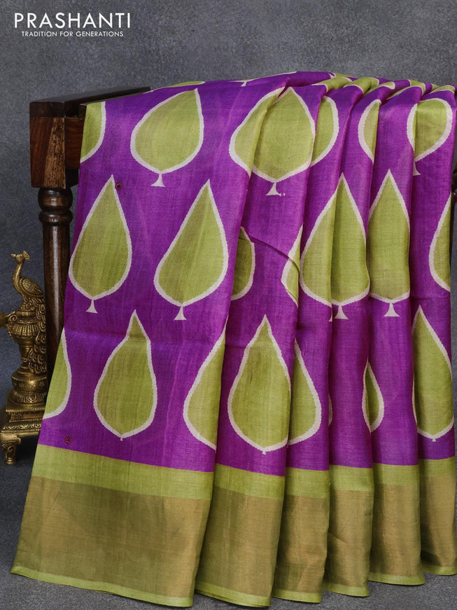 Pure tussar silk saree purple and light green with tilak butta prints & mirror work and cut work pallu - {{ collection.title }} by Prashanti Sarees
