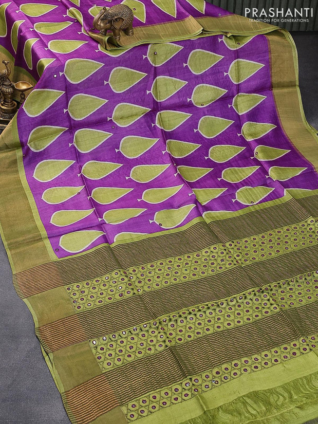 Pure tussar silk saree purple and light green with tilak butta prints & mirror work and cut work pallu - {{ collection.title }} by Prashanti Sarees