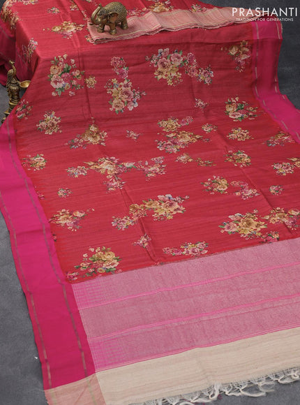 Pure tussar silk saree red and pink with allover floral prints and temple design zari woven border - {{ collection.title }} by Prashanti Sarees