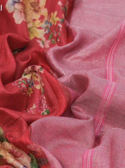 Pure tussar silk saree red and pink with allover floral prints and temple design zari woven border - {{ collection.title }} by Prashanti Sarees