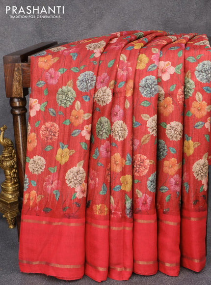 Pure tussar silk saree red and with allover floral prints and temple design zari woven border - {{ collection.title }} by Prashanti Sarees