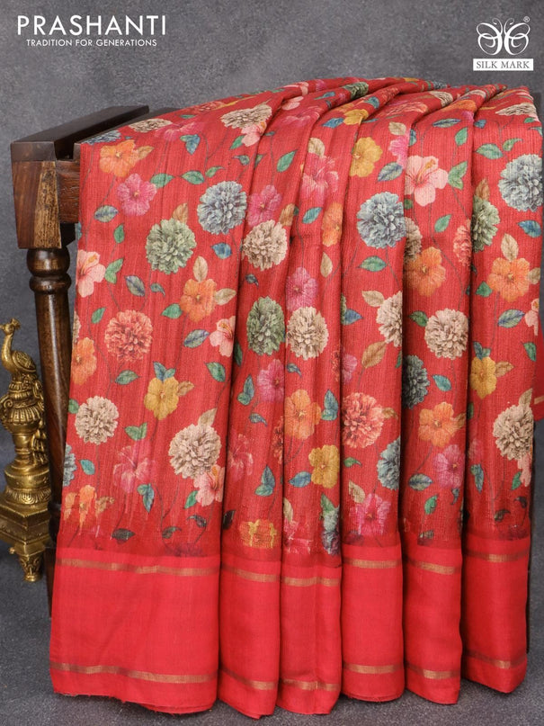 Pure tussar silk saree red and with allover floral prints and temple design zari woven border - {{ collection.title }} by Prashanti Sarees