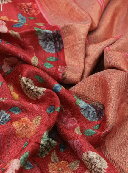 Pure tussar silk saree red and with allover floral prints and temple design zari woven border - {{ collection.title }} by Prashanti Sarees