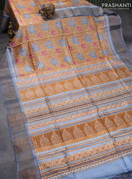 Pure tussar silk saree sandal and blue shade with floral prints and zari woven border - {{ collection.title }} by Prashanti Sarees