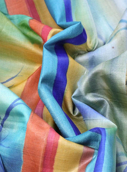 Pure tussar silk saree teal green and brown shade with hand painted prints and zari woven border - {{ collection.title }} by Prashanti Sarees