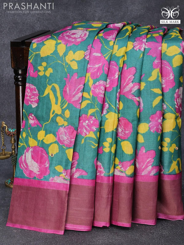 Pure tussar silk saree teal green and pink with allover floral prints & mirror work and cut work pallu - {{ collection.title }} by Prashanti Sarees