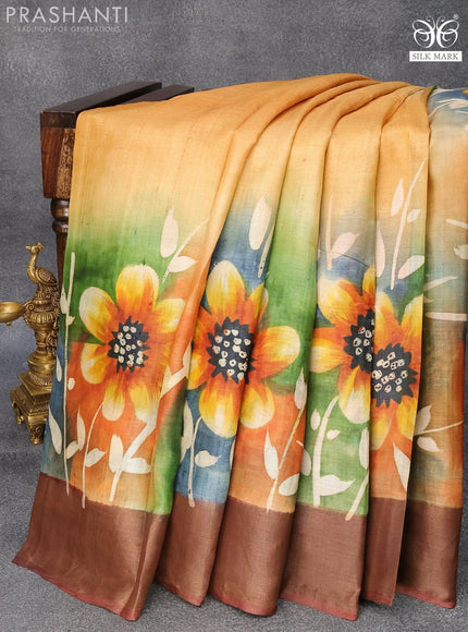 Pure tussar silk saree yellow and brown with hand painted floral prints and zari woven border - {{ collection.title }} by Prashanti Sarees