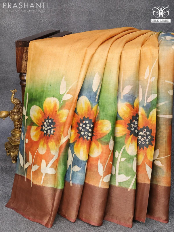 Pure tussar silk saree yellow and brown with hand painted floral prints and zari woven border - {{ collection.title }} by Prashanti Sarees