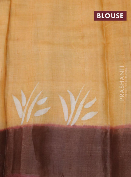 Pure tussar silk saree yellow and brown with hand painted floral prints and zari woven border - {{ collection.title }} by Prashanti Sarees