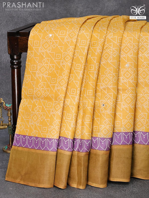 Pure tussar silk saree yellow and dark mustard with allover geometric prints & mirror work and cut work pallu - {{ collection.title }} by Prashanti Sarees