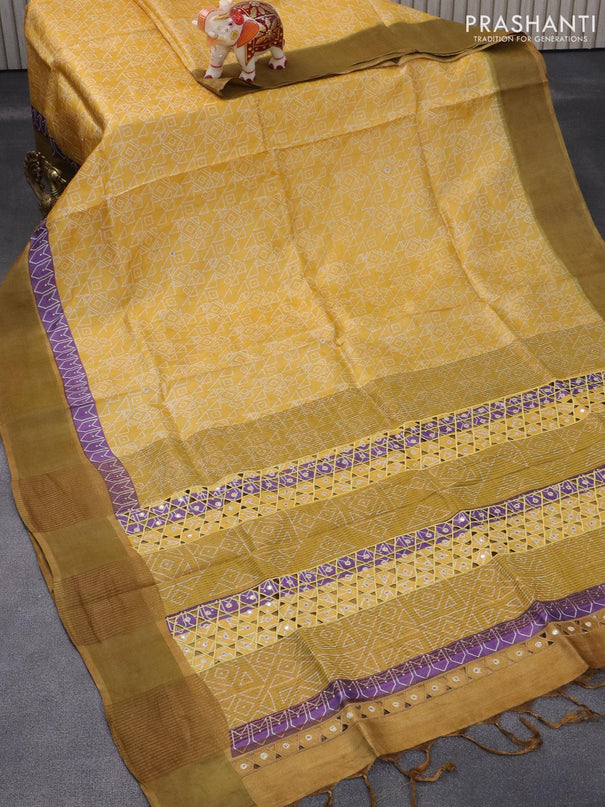 Pure tussar silk saree yellow and dark mustard with allover geometric prints & mirror work and cut work pallu - {{ collection.title }} by Prashanti Sarees