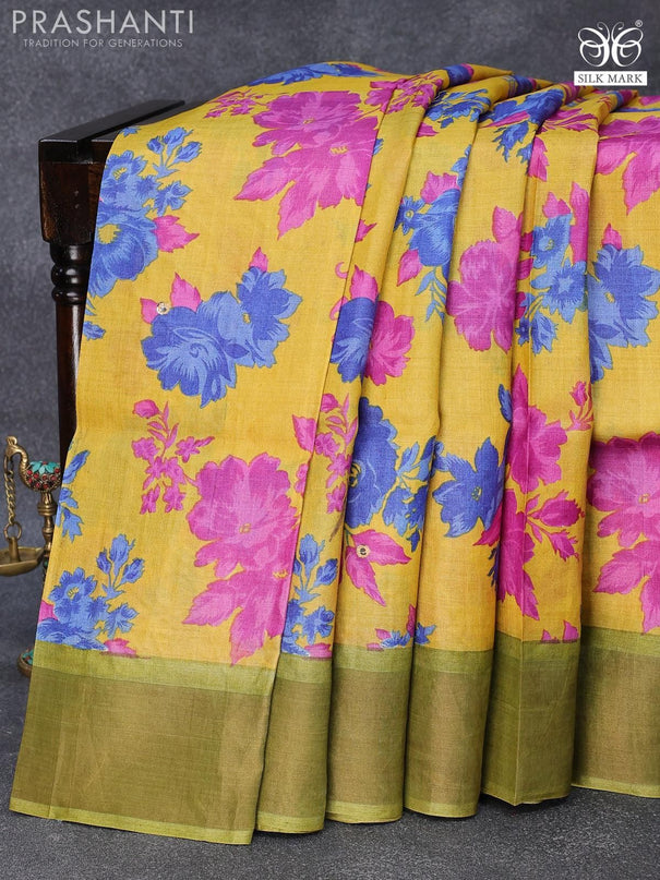 Pure tussar silk saree yellow and green with allover floral prints & mirror work and cut work pallu - {{ collection.title }} by Prashanti Sarees