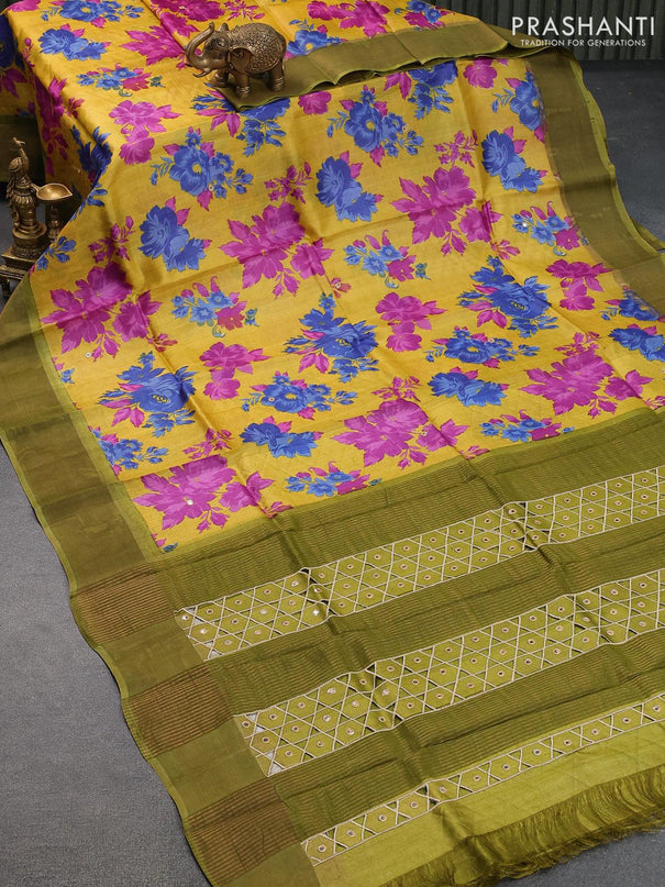 Pure tussar silk saree yellow and green with allover floral prints & mirror work and cut work pallu - {{ collection.title }} by Prashanti Sarees