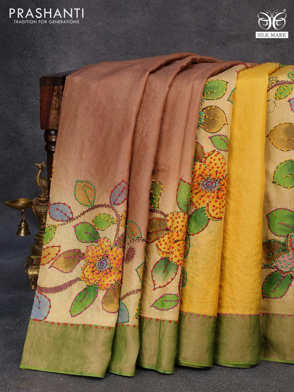 Pure tussar silk saree yellow and green with floral prints & french knot work and zari woven border - {{ collection.title }} by Prashanti Sarees