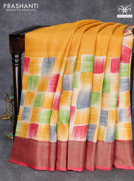 Pure tussar silk saree yellow and red with hand painted prints and zari woven border - {{ collection.title }} by Prashanti Sarees