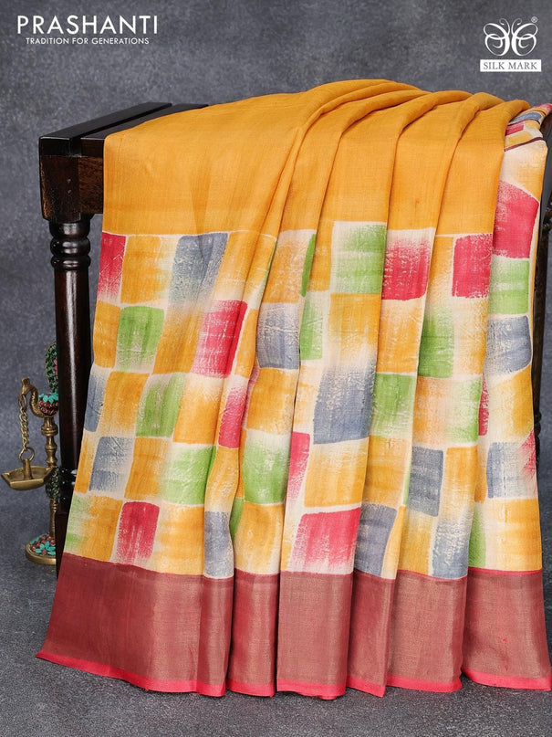 Pure tussar silk saree yellow and red with hand painted prints and zari woven border - {{ collection.title }} by Prashanti Sarees