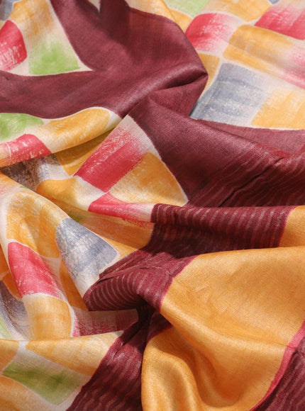 Pure tussar silk saree yellow and red with hand painted prints and zari woven border - {{ collection.title }} by Prashanti Sarees