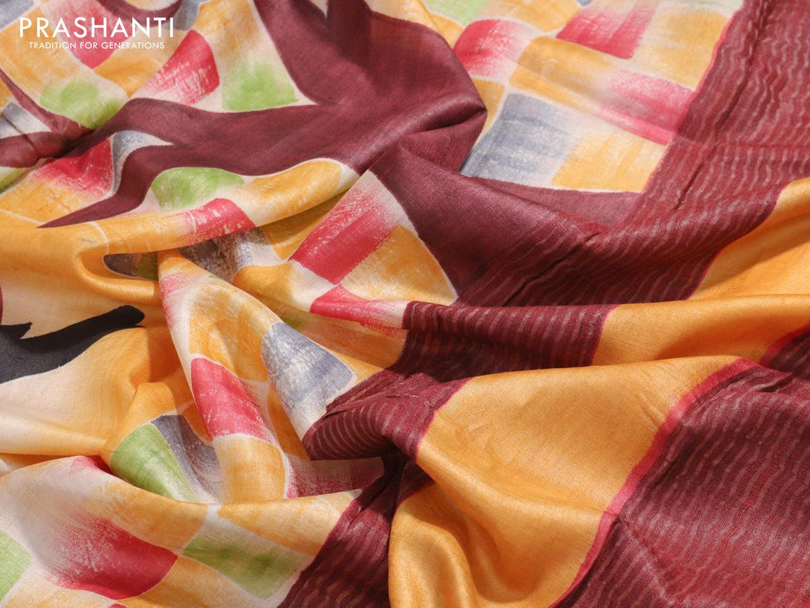 Pure tussar silk saree yellow and red with hand painted prints and zari woven border - {{ collection.title }} by Prashanti Sarees