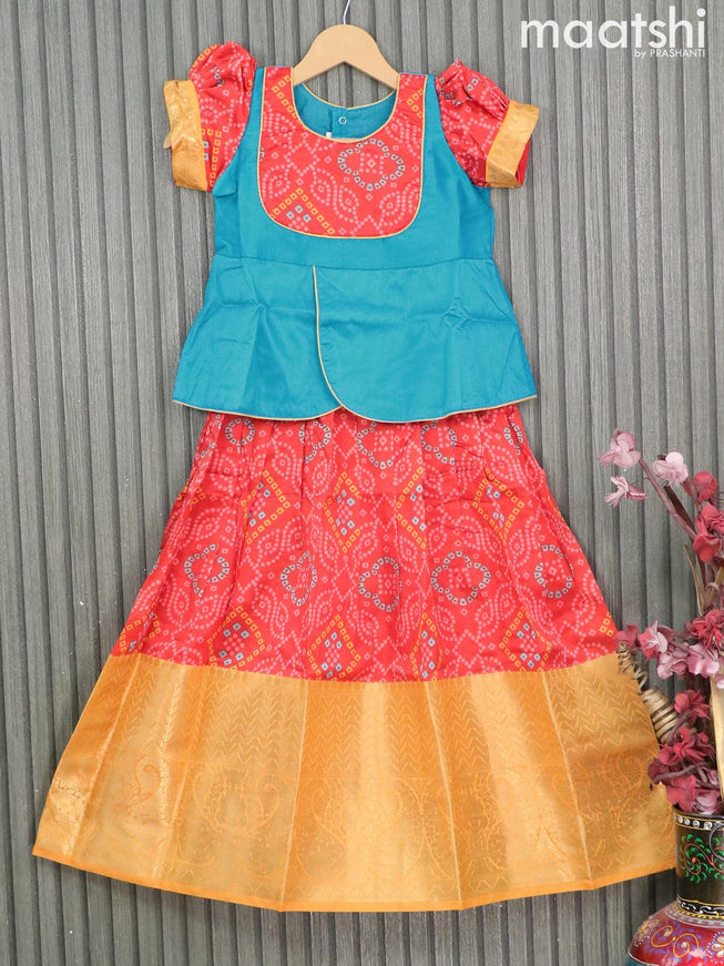 Raw silk readymade kids lehenga blue and red with patch work neck pattern and bandhani prints & long zari woven border for 7 years - {{ collection.title }} by Prashanti Sarees