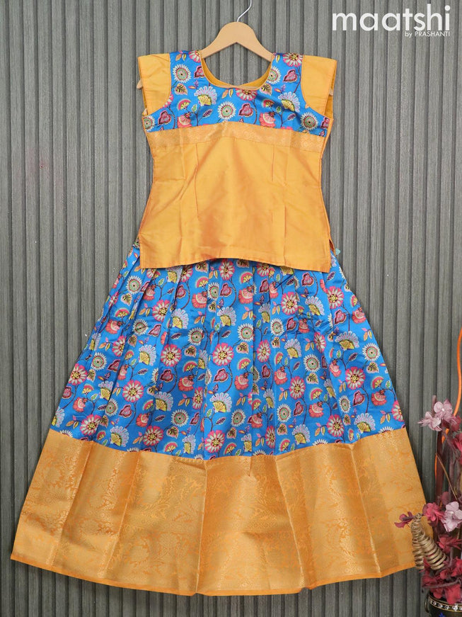 Raw silk readymade kids lehenga cs blue and mustard yellow with patch work neck pattern and floral prints & long zari woven border for 10 years - {{ collection.title }} by Prashanti Sarees