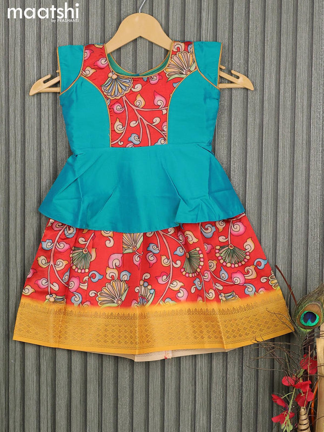 Raw silk readymade kids lehenga dual shade of blue and red with patch work neck pattern and kalamkari prints & zari woven border for 1 year - {{ collection.title }} by Prashanti Sarees