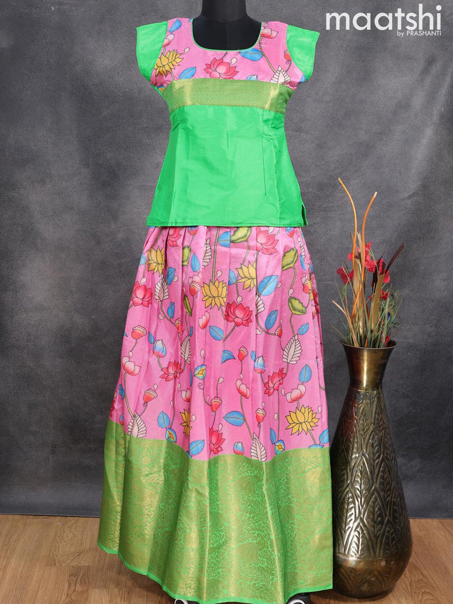 Raw silk readymade kids lehenga green and light pink with patch work neck pattern and kalamkari prints & long zari woven border for 13 years - {{ collection.title }} by Prashanti Sarees